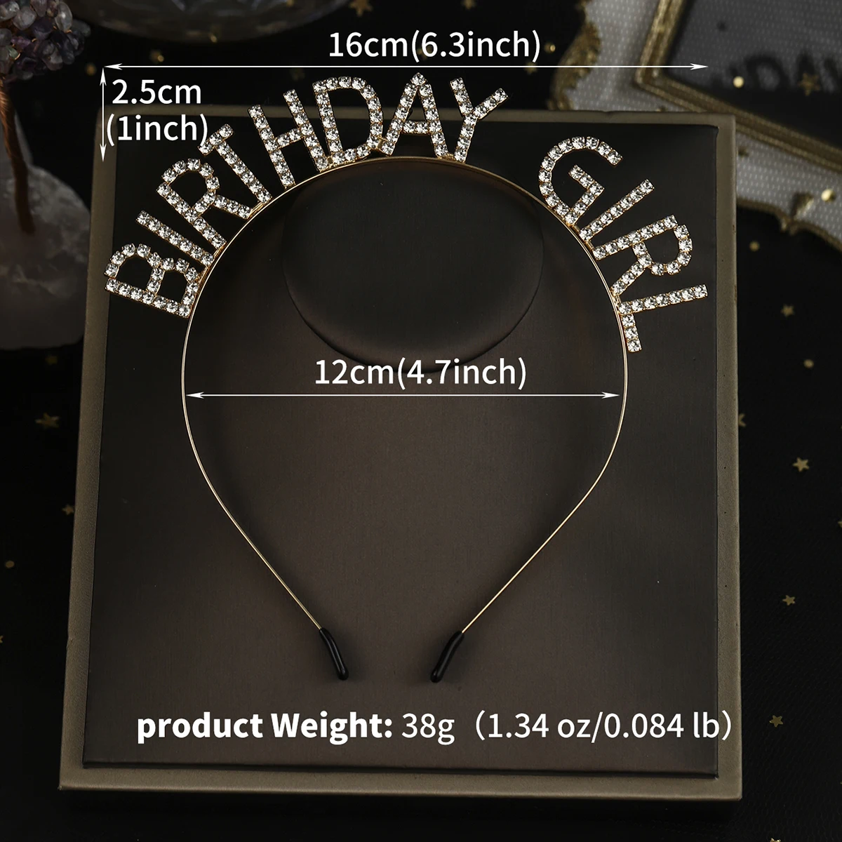 Glänzendes Strass-Stirnband mit englischen Buchstaben „Alles Gute zum Geburtstag“ für Frauen, Zinklegierungsmaterial, Party-Schmuck, beliebtes Haar-Accessoire – Detail 1