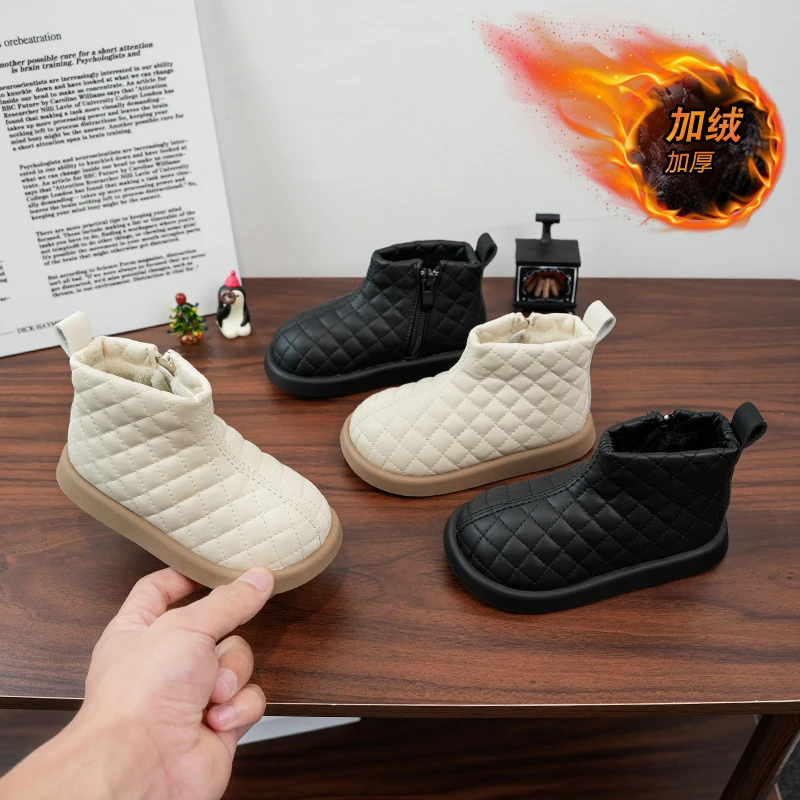Kids Winter Ankle Boots Boys Girls Synthetic Leather Side Zipper Warm Plush Lining Soft Sole Children Short Boots