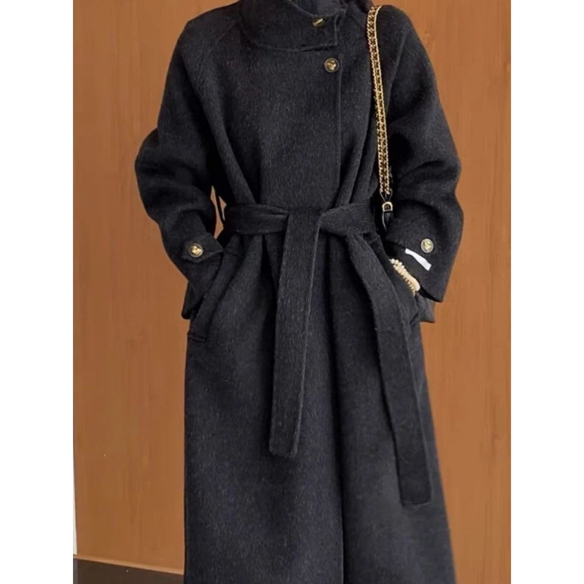 

Двустороннее шерстяное длинное пальто с воротником-стойкой в Корейском стиле, осень-зима, Новое поступление, женская модная верхняя одежда Ele Quali