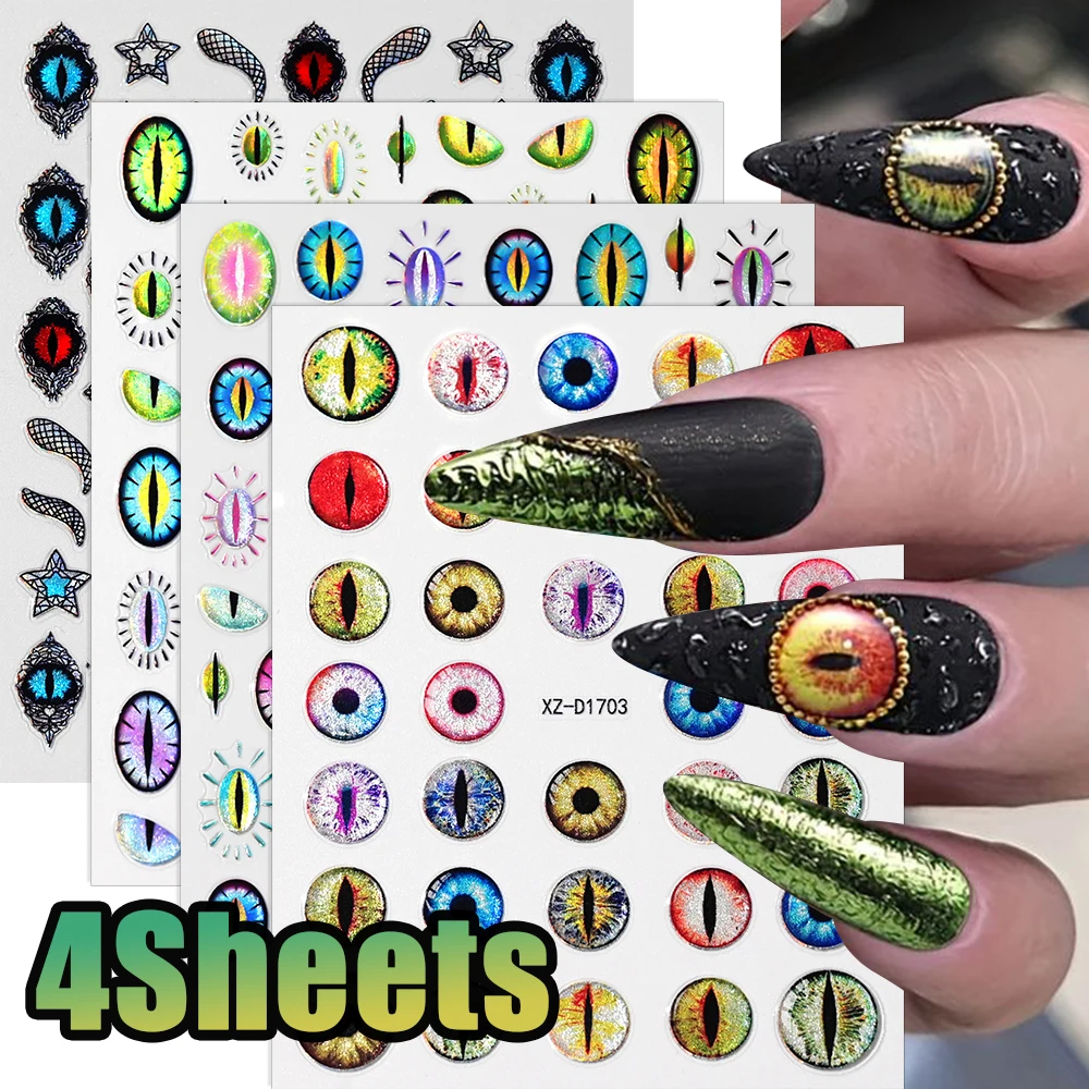 4Pcs 5d Chameleon Magnetic Cat's Eye Nail Stickers Punk Style Y2K Snake's Eye Nail Art Decals Cat Eye Design Manicure Decoration