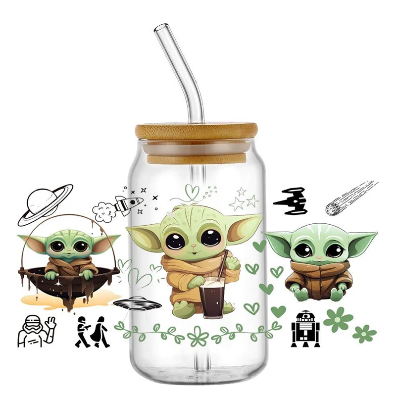 Miniso Cartoon Yoda UV DTF Transfer Sticker Ruimte Oorlog Voor De 16 oz Libbey Bril Wraps Flessen Cup Sticker DIY waterdicht