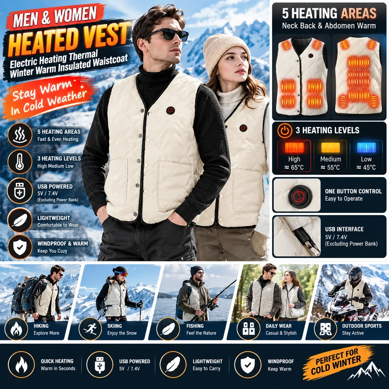 Heated Vest Men Women V Neck Electric Heating Thermal Winter Warm Insulated Waistcoat USB 5V 7.4V (excluding power bank)