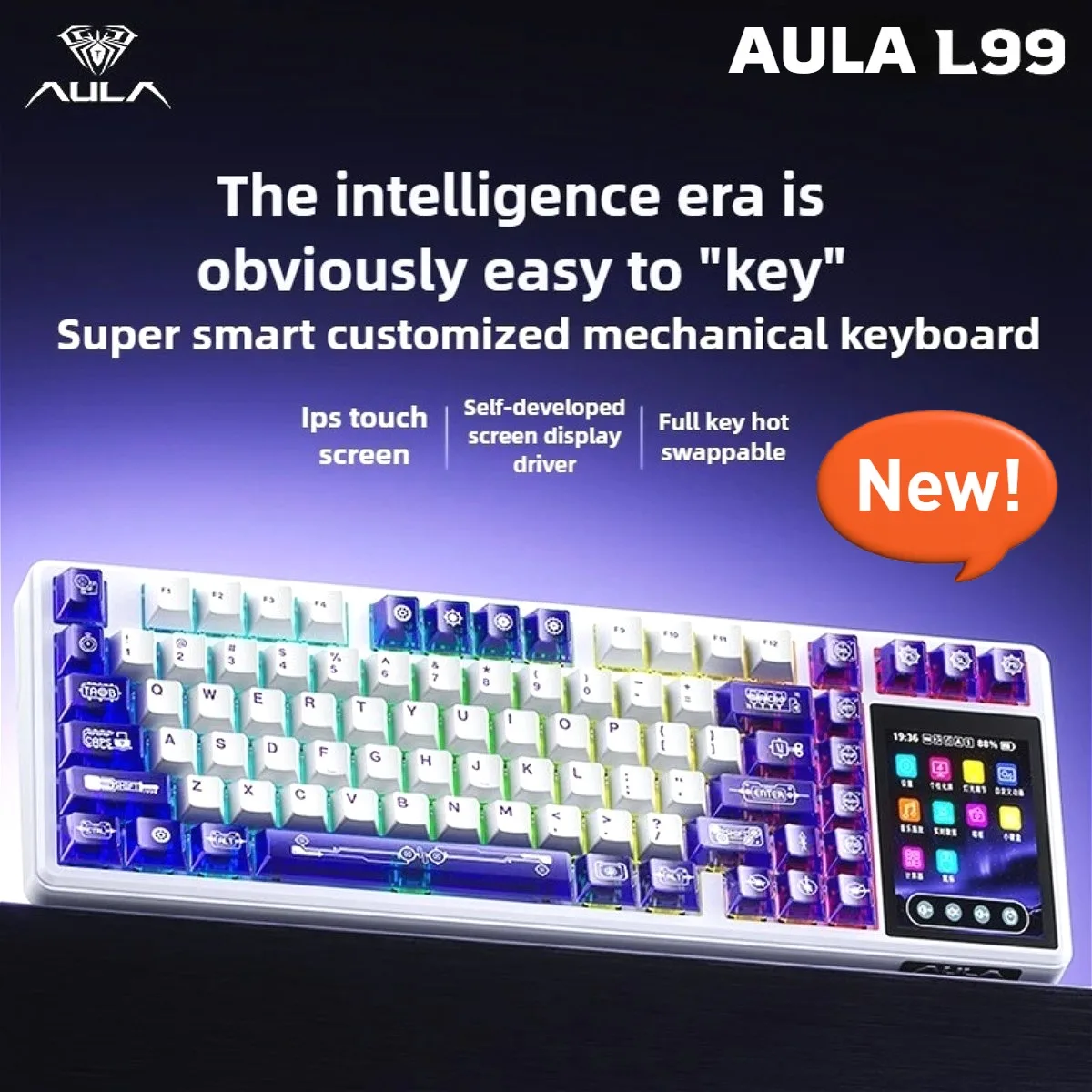 AULA L99 لوحة مفاتيح الألعاب اللاسلكية 3.98 بوصة IPS شاشة تعمل باللمس ثلاثة وضع طوقا جبل قابل للتبديل السريع RGB 8000mAh لوحة مفاتيح مخصصة هدية