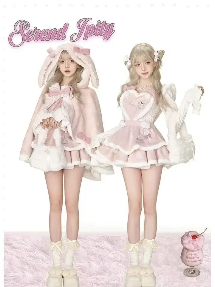 Vestido rosa de Lolita para mujer, conjunto de 3 piezas, capa con capucha de conejito y lazo bonito, vestidos ajustados de dibujos animados Kawaii, traje gótico Y2k