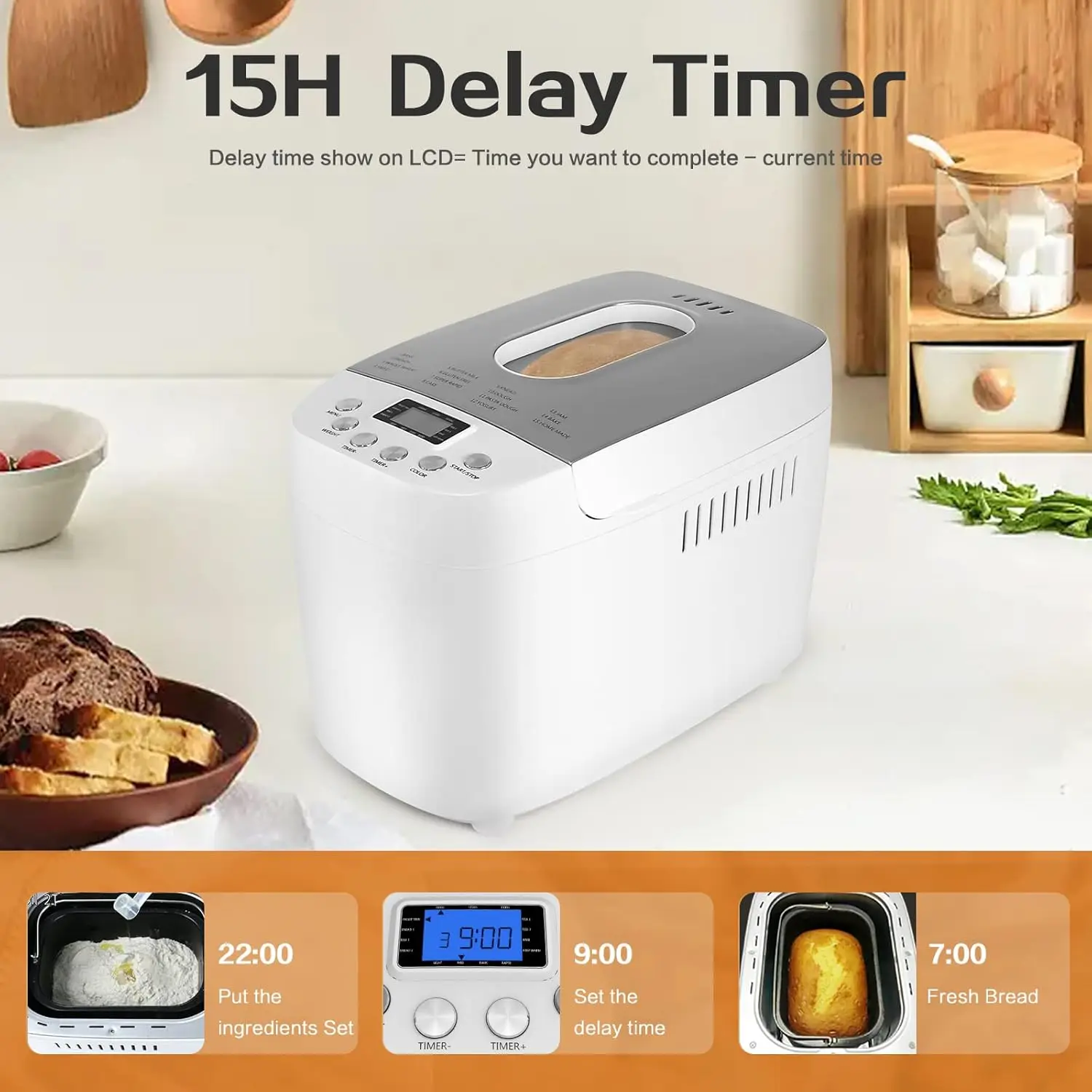 Bread Maker Machine 3.3LB Dough Maker,15-in-1 Automatic Bread Machine Maker with Nonstick Bowl, Jam& Yogurt, 3 Loaf Sizes and 3