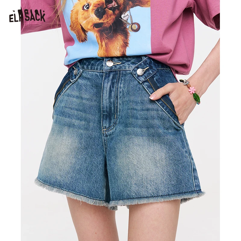 ELFSACK High-Waisted Frayed Denim Shorts, Casual A-Line Jean Shorts with Decorative Buttons & Zipper Details