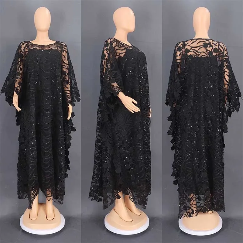 White Lace Hollow Africa Dresses for 2023 Muslim Women Dress African Clothes Dashiki Taditional Boubou Arabic Robe Femme Ramadan