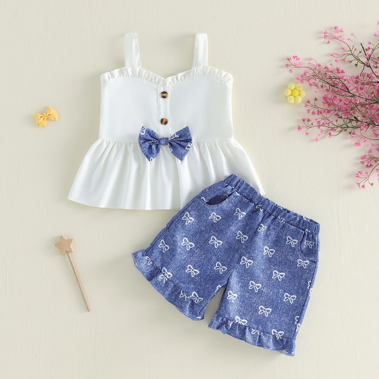 1-5Y Toddler Girl Summer Outfits Bow Decor Buttons Camisole Sleeveless Tank Tops Bowknot Elastic Waist Shorts 2Pcs Clothes Set