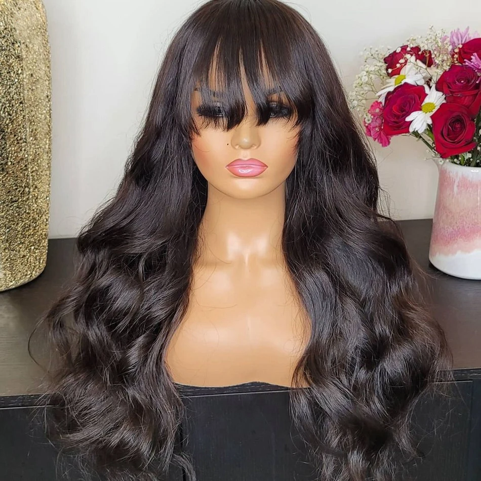 

Natrual Black Long 180Density 26“ Soft Glueless Body Wave Machine Wig with Bangs For Women BabyHair Preplucked Heat Resistant