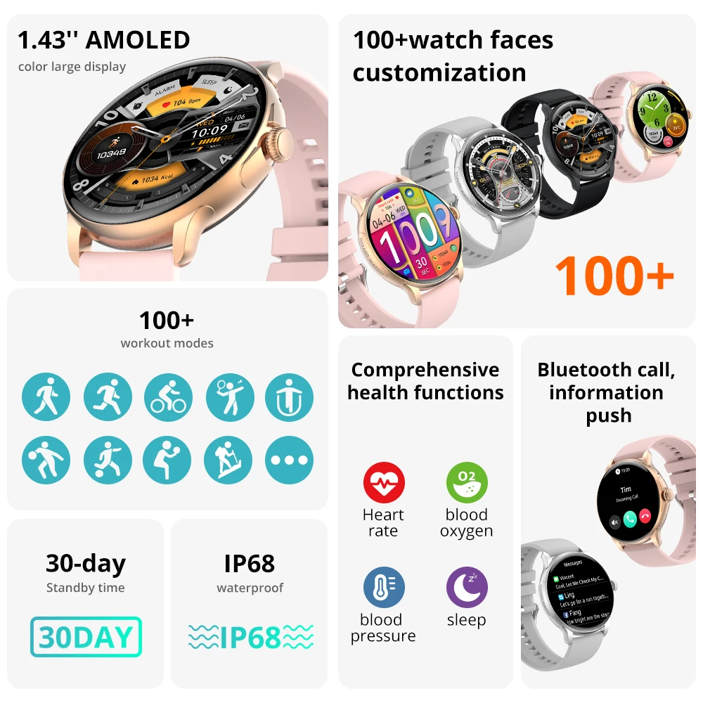 COLMI-reloj inteligente V72 para hombre y mujer, pulsera con Pantalla AMOLED de 1,43 pulgadas, 100 modos deportivos, batería de 7 días de duración,