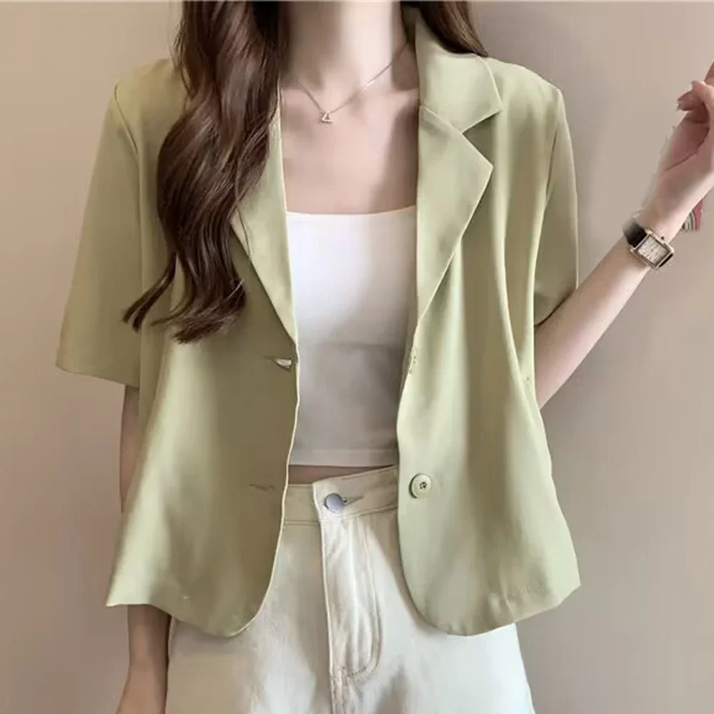 Blazer musim panas wanita orisinil, blazer musim panas, busana luar ruangan Single Breasted, model Korea, longgar, santai, sederhana, pakaian wanita asli