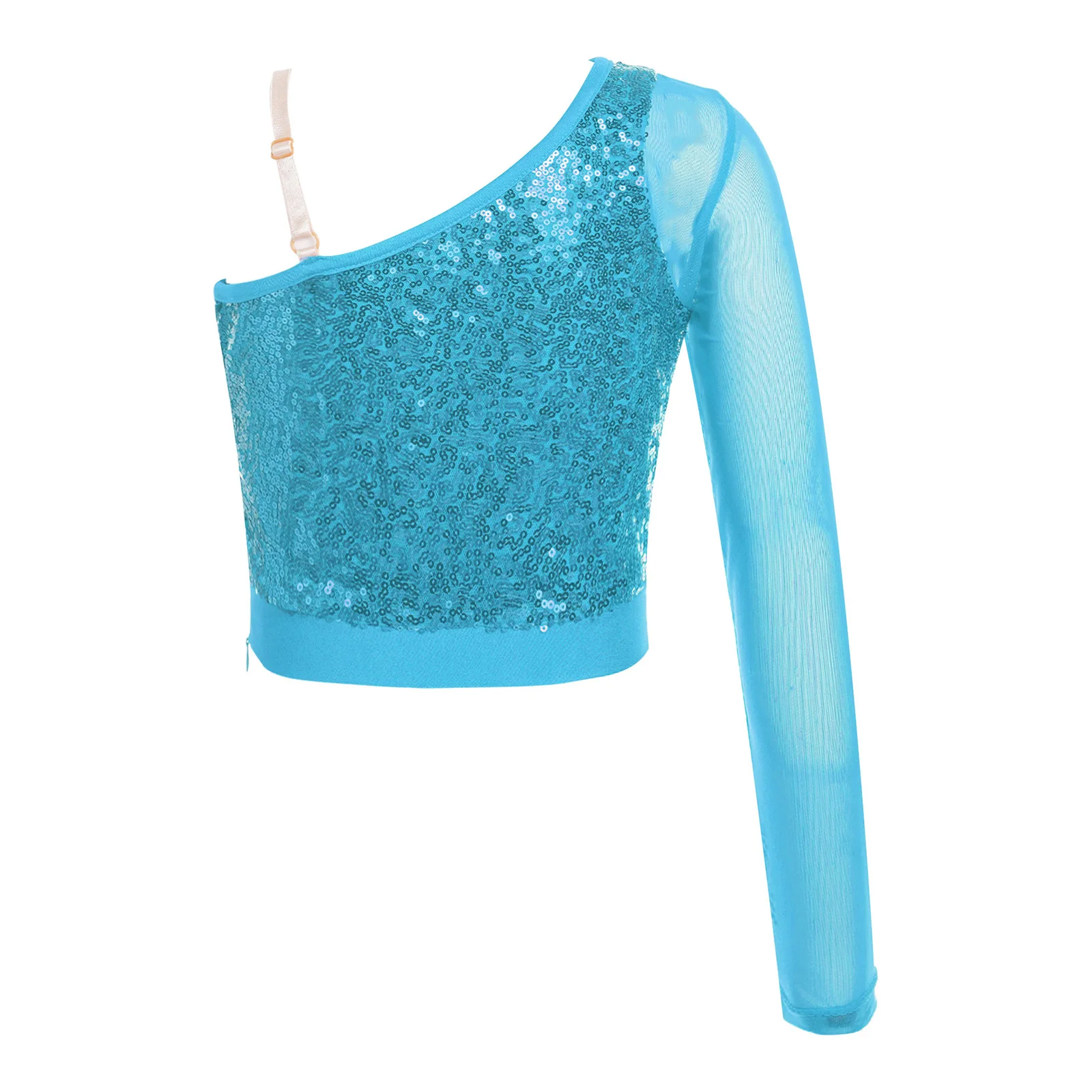 Children Girls Sheer Mesh One Shoulder Shiny Sequin Crop Top Jazz Dance Cheerleading Performance Dancewear for School Party