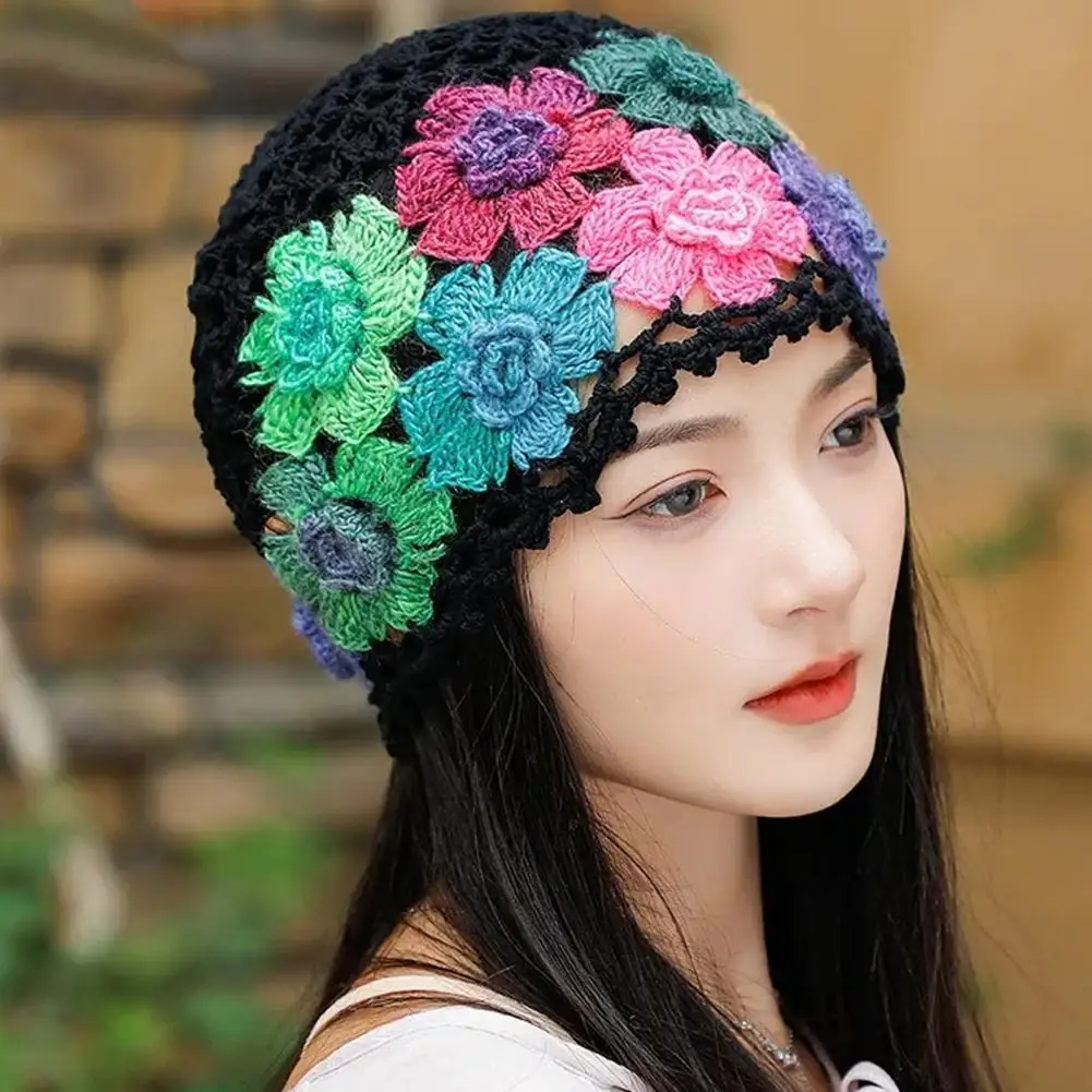 Women Hat  Hollow Out Knitted Flower Crochet Breathable Headwear Sunshade Soft Travel Outdoor Cap Brimless Beanie 비니 겨울모자