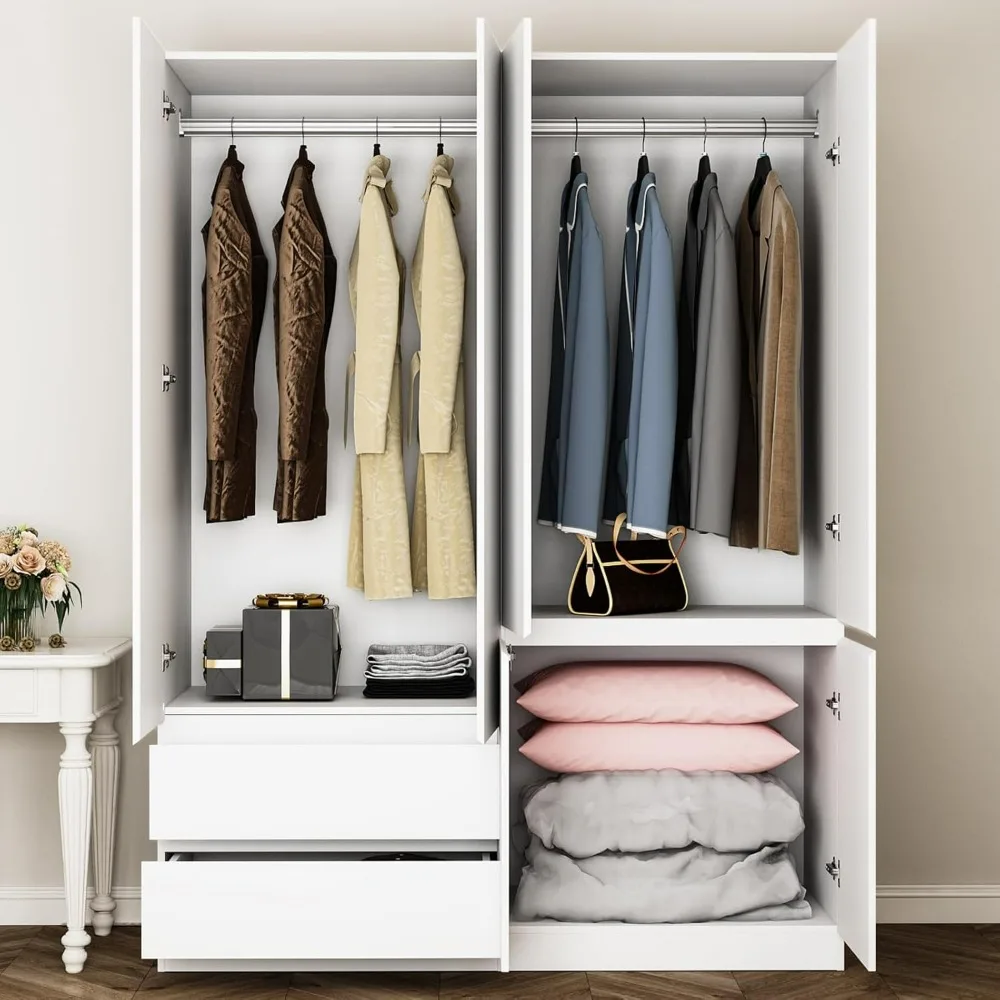 Wardrobe Closet, Armoire with Drawers and Shelves, Armoires and Wardrobes with Hanging Rod, White Wooden Wardrobe Closet