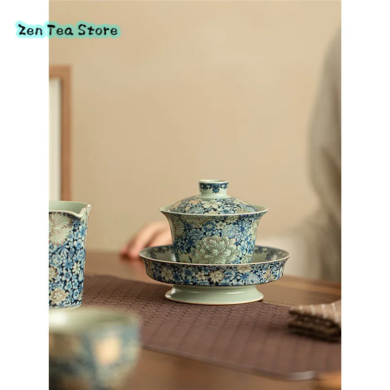 Ru Kiln Flower Three Cover Bowl Ceramic Home High Foot Chinese Retro Dry Bubble Table Tea Bowl Kung Fu Tea Set