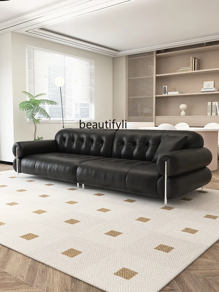 First Layer Cowhide Cloud Sofa Mid-Ancient Style Cream Style Straight Row Three-Seat Small Apartment Living Room Leather Sofa