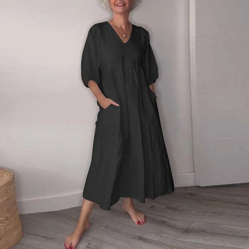 Womens Casual Solid Color Pleated Cotton Linen Dress Spring Simple V Neck Pocket Long Dress Autumn 3/4 Sleeve Loose Female Dress