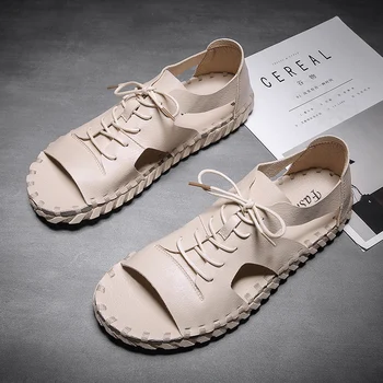 남성용 가죽 캐주얼 신발, 할로우 아웃, 시원한 데일리 플랫 슈즈, 남성용 비치 샌들, 레이스업 수제 밑창, 여름 핫 세일 