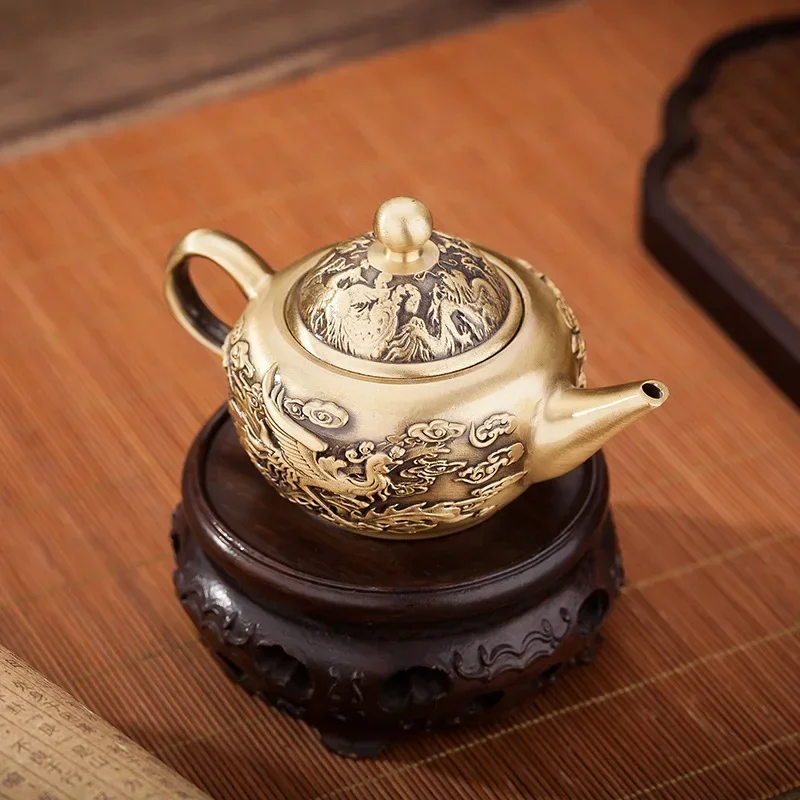 Brass Vintage Dragon Phoenix Chengxiang Tea Pot Office Desktop Home Decoration Crafts  Small
