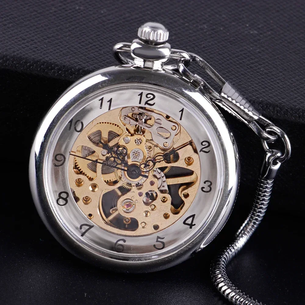 

Silver Hand Winding Full Steel Pocket Watches Fashion Unique Skeleton Transparent Mechanical Fob Chain Pocket Watch