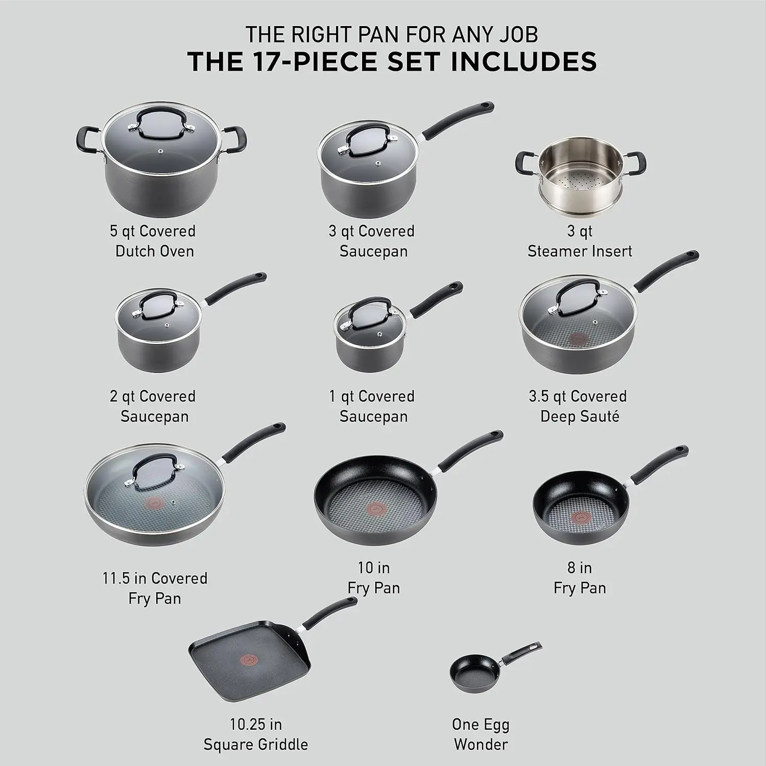 T-fal Ultimate Hard Anodized Nonstick Cookware Set 17 Piece, Oven Broiler Safe 400F, Lid Safe 350F, Kitchen Cooking Set