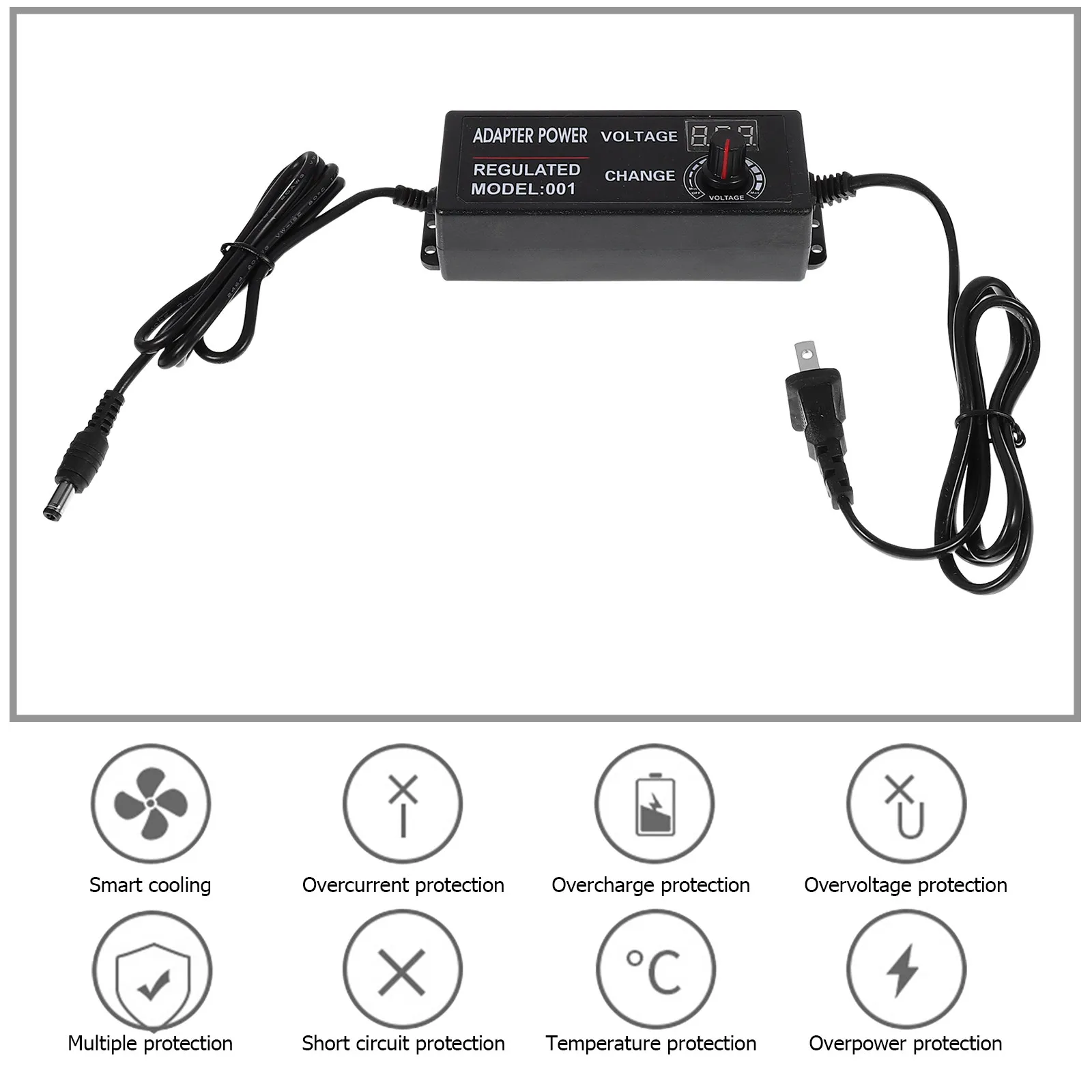 DC Adjustable Power Adapter 3-12V 5A with Volt Display, Short Circuit/Overvoltage/Overheat Protection for LED Strip