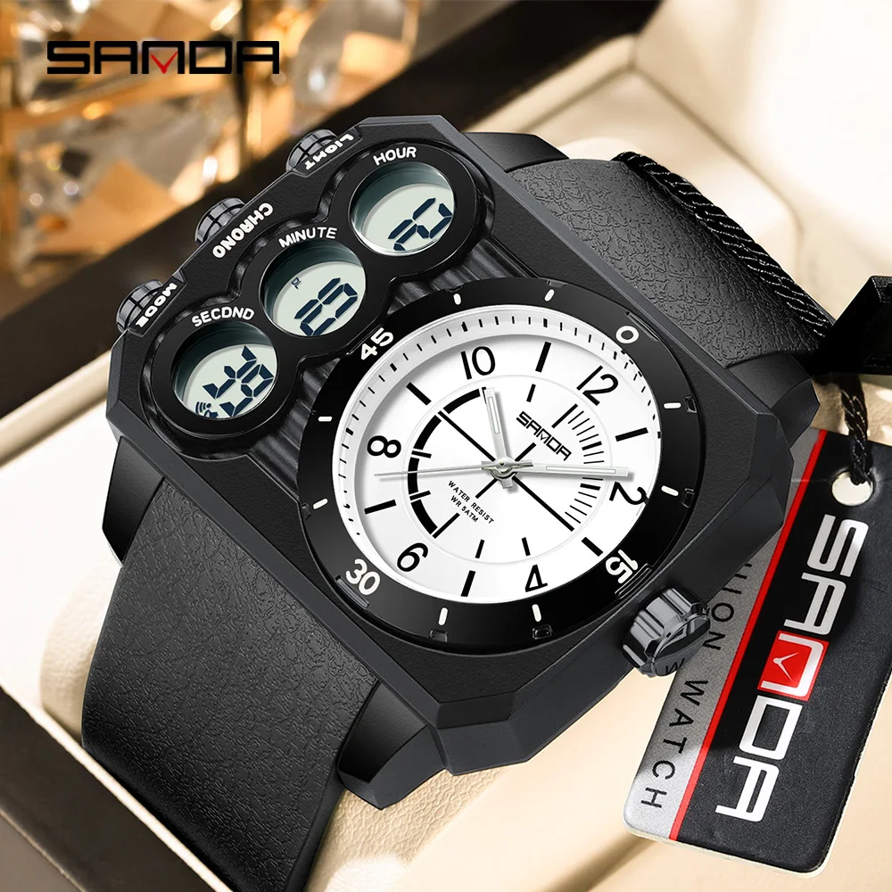 SANDA Fashion Electronic Watch Outdoor Sports Multi functional Waterproof Night Light Dual Display Men's Electronic Watch 6237