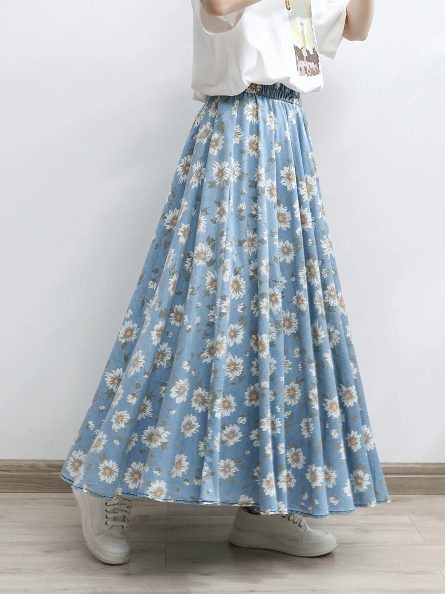 Free Shipping 2024 New Long Maxi Women Elastic High Waist Spring Summer Denim Lady  A-Line Printed Flowers Skirts