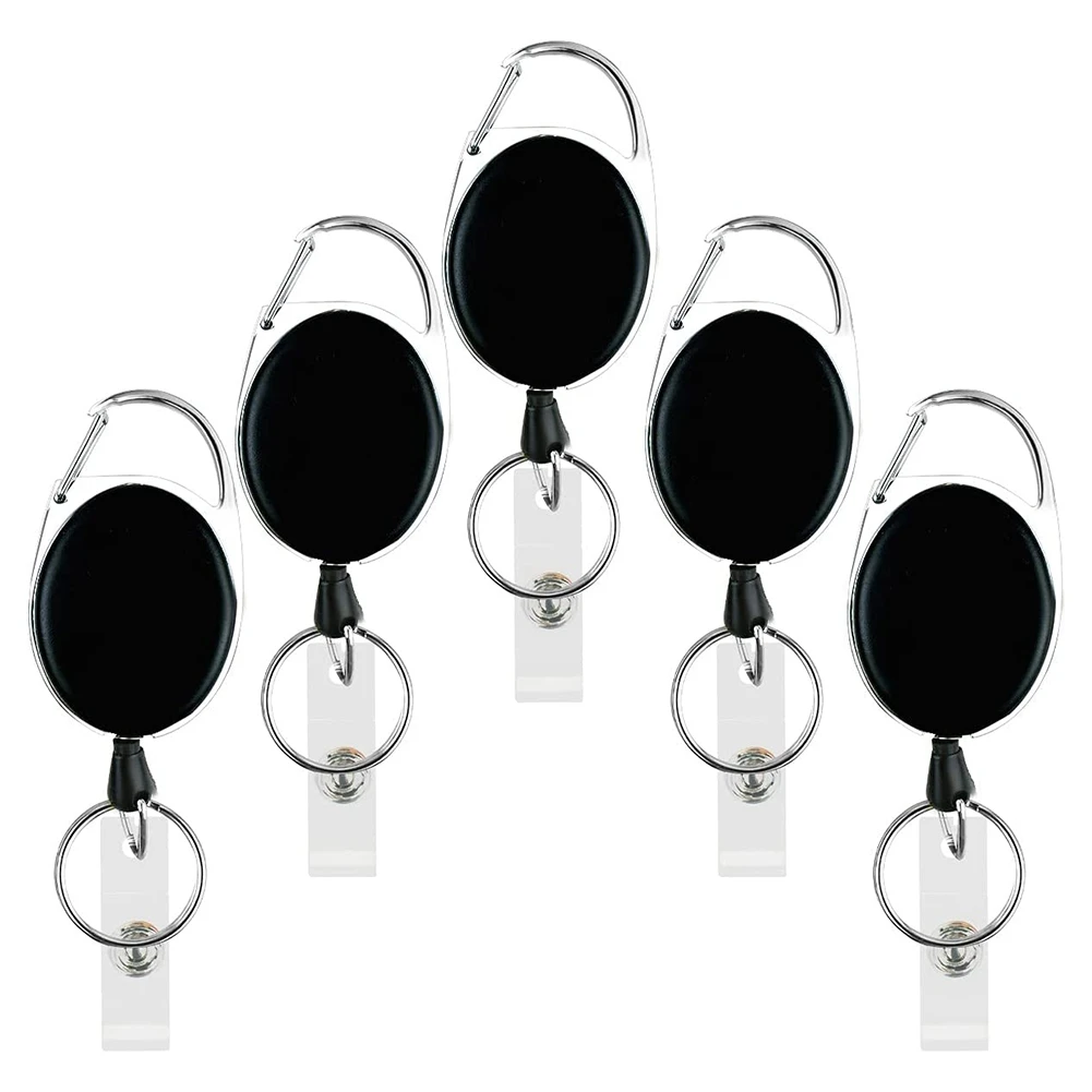 5 Pack Heavy Duty Retractable Badge Reel Id Card Holder with Clip and Keyring Carabiner Keychain with Belt Clip Black