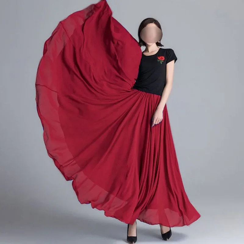 Abbigliamento da ballo da donna 720 °   Gonna in chiffon svasato a cerchio completo Gonna da danza etnica rossa a vita alta per spettacoli teatrali popolari di danza del ventre