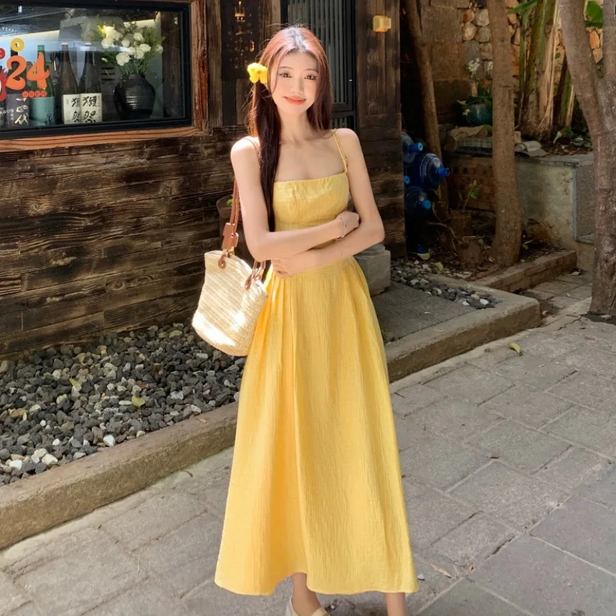 

French Style Yellow Strapless Dress Women's Summer New Waist-Cinching Long Dress Beach Vacation Skirt Loose Waist Design Vestido