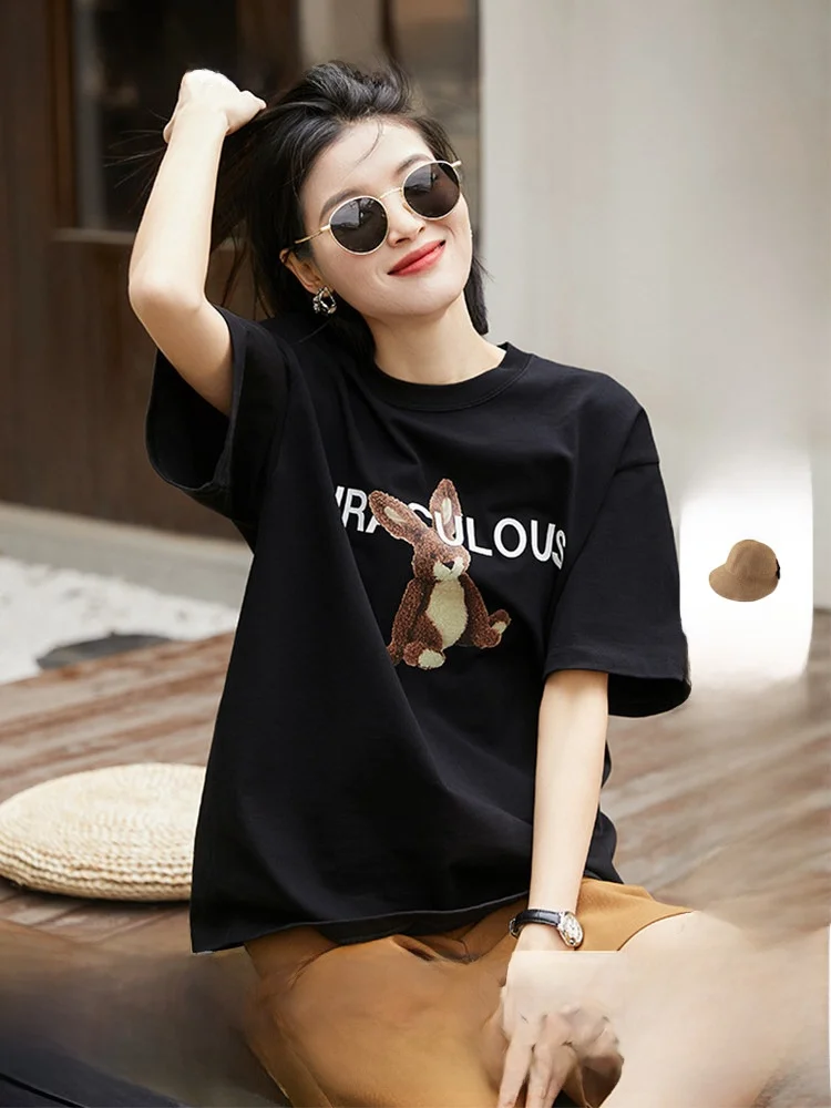 

Xhange Pure Cotton Rabbit Print Short Sleeve T-Shirt Women's Spring Summer Casual Comfortable Breathable Fun Fluffy Top