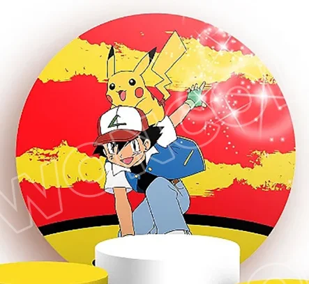 Ash Ketchum Pikachu Round Backdrop Child Birthday Baby Shower Backdrop Pikachu Pokeball Pokemon Cylinder Cover Party Decorations