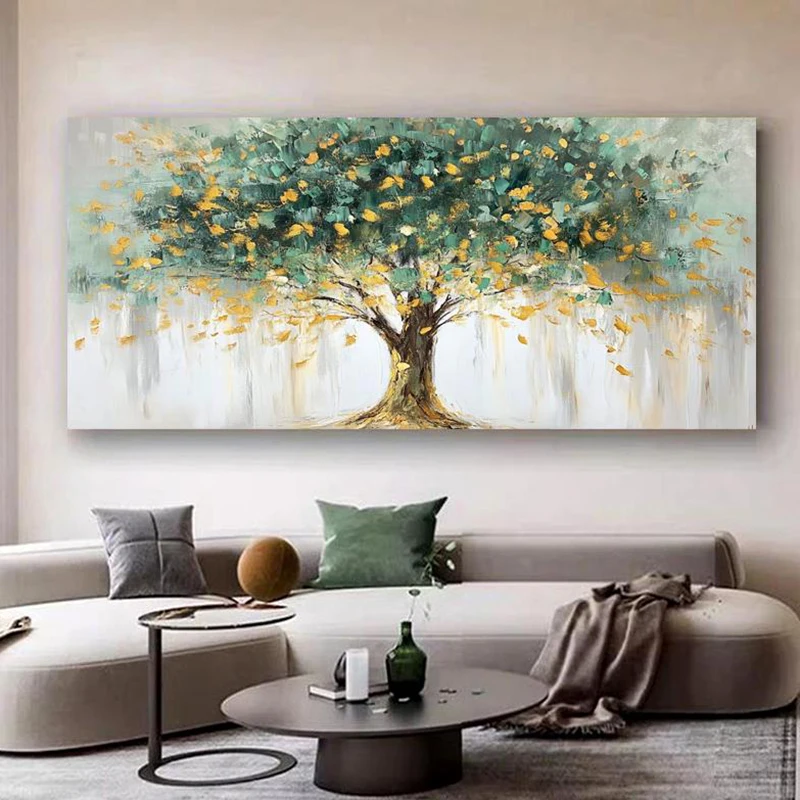 

Abstract Oil Painting, Green Money Tree with Gold Accents Poster and Prints Modern Minimalist Luxury Wall Art for Living Room,