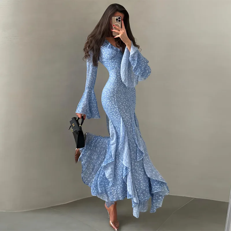 Vestidos Maxi Elegantes para Mujer, Tallas S-XXL, Estampados, Cuello en V, Manga Larga con Borde de Hoja de Loto, Cintura Alta, Corte Ajustado, para Fiestas y Eventos Nocturnos