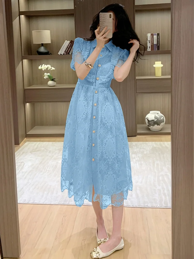 

SMTHMA Vintage Elegant Lace Embroidered Single Breasted Slimming Waist Dress Women's Lapel Short Sleeve Mid-Length Dresses
