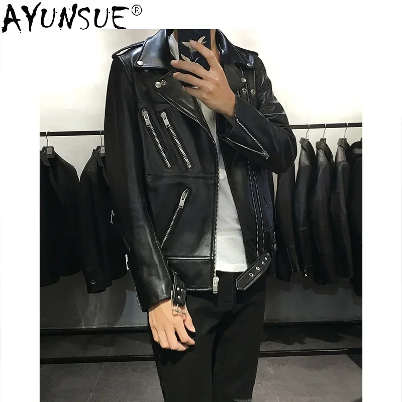 

AYUNSUE Spring Autumn 100% Genuine Sheepskin Leather Jacket Men 2021 Short Biker Jackets for Men Cool Jaqueta Masculina Gxy760