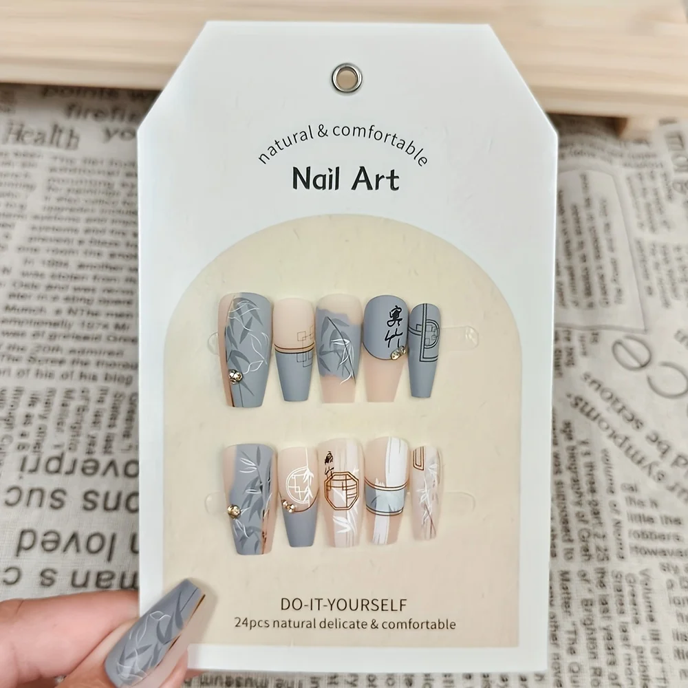 

24pcs Chinese Style Acrylic Press On Nails Grey French Medium Ballerina Fake Nails Bamboo Pattern False Nails With Rhinestone De