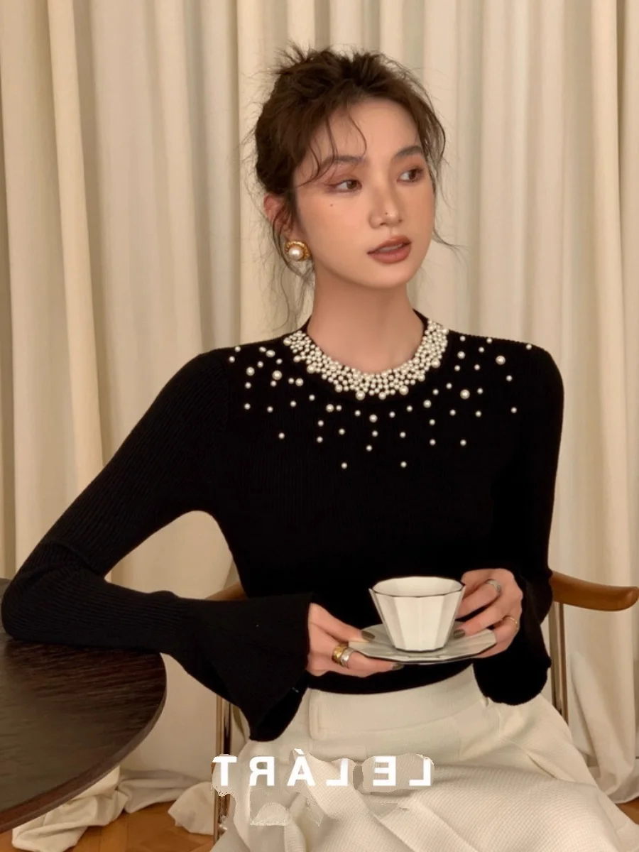 

Женский вязаный свитер Ele Pearl с жемчужным декором, модный базовый топ с рукавами-колокол, французский стиль, приталенный крой