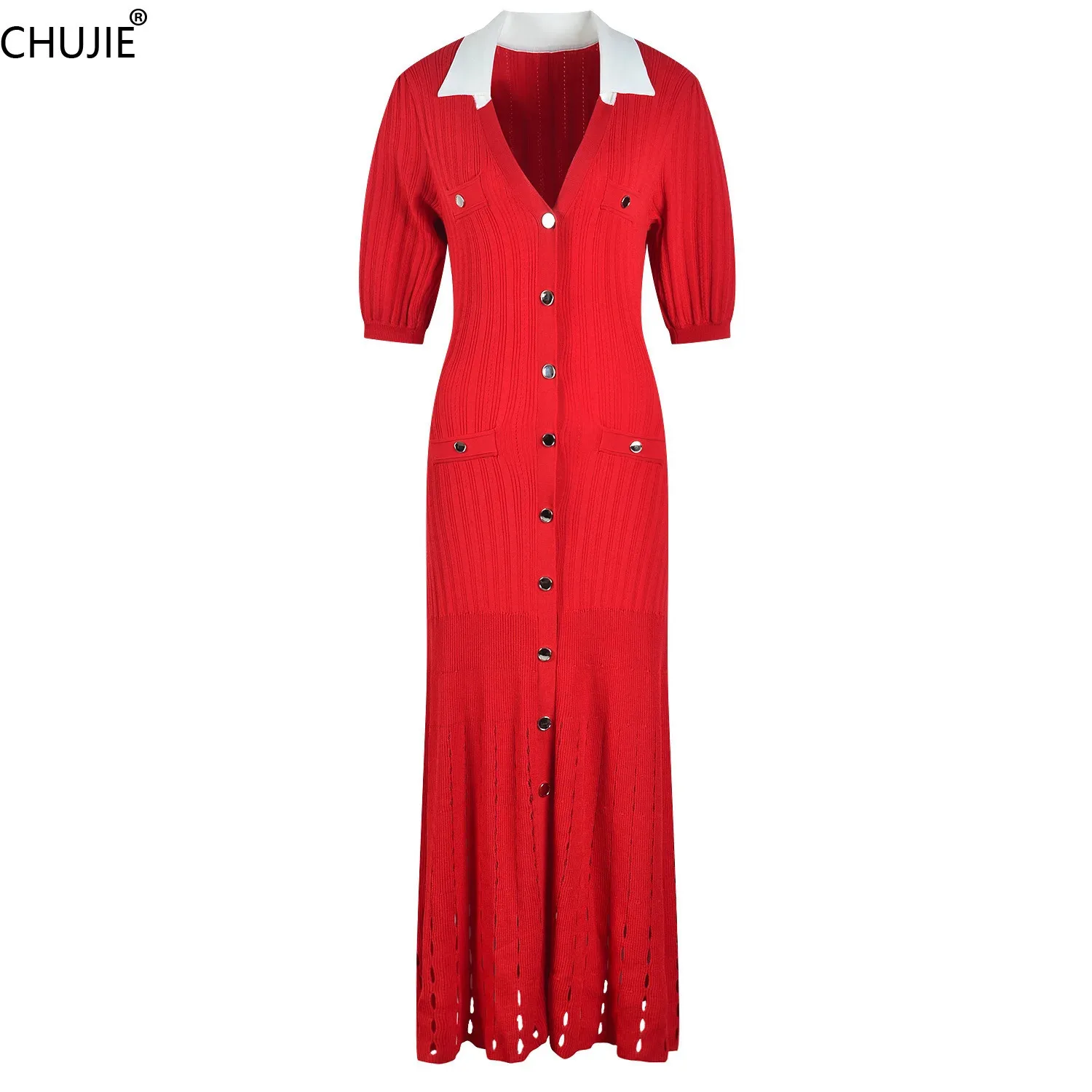 

CHUJIE Women's Dress Fashion Commuter Casual Collar Single breasted Slim Fit Short Sleeve Long Dress 2025 Spring New