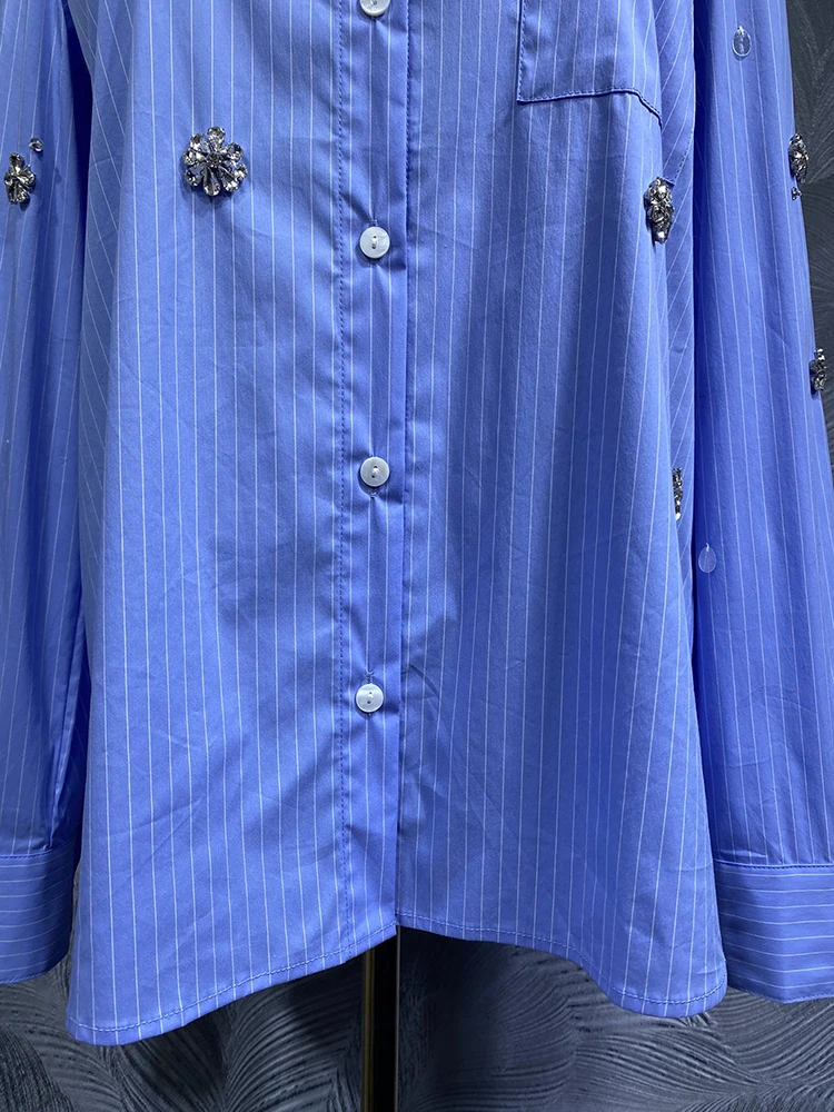 DLDENGHAN diamants simple boutonnage hauts pour femmes col rabattu manches longues rayé Prin haute rue chemise été femme