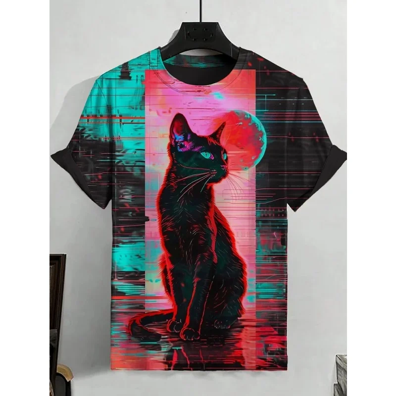 Vacation Cowboy Cat Pattern T Shirt For Men Cute Animal 3D Printed Tees Casual Short Sleeve Round Neck Tops Street T-Shirts