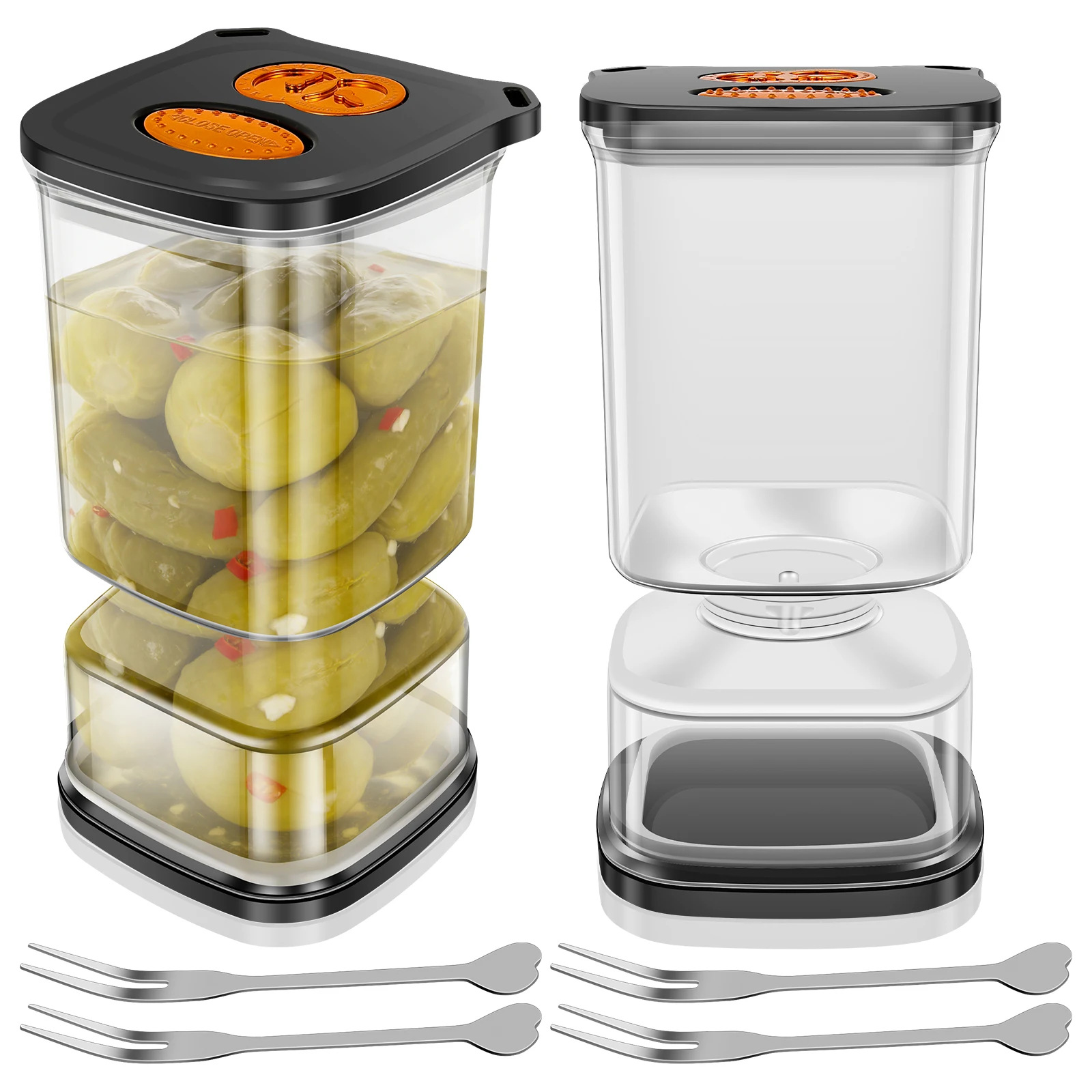 Tarro para encurtidos con tapa abatible, transparente, con tenedor y temporizador, contenedor con sellado hermético para encurtidos secos y mojados, para pepinillos, aceitunas, cebollas y ajo, con capacidad total de 33.82 oz.
