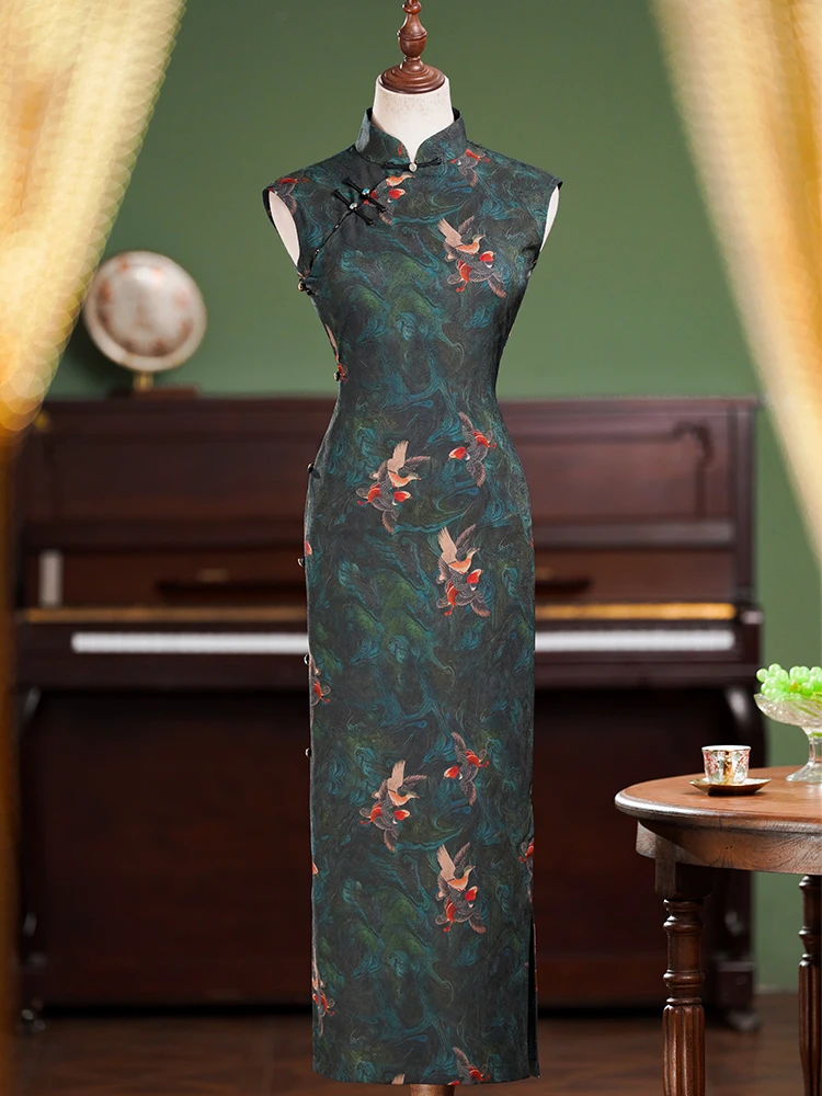 

Элегантное длинное вечернее платье из шелкового атласа для женщин, винтажное, с цветочным узором, дышащее, из полиэстера