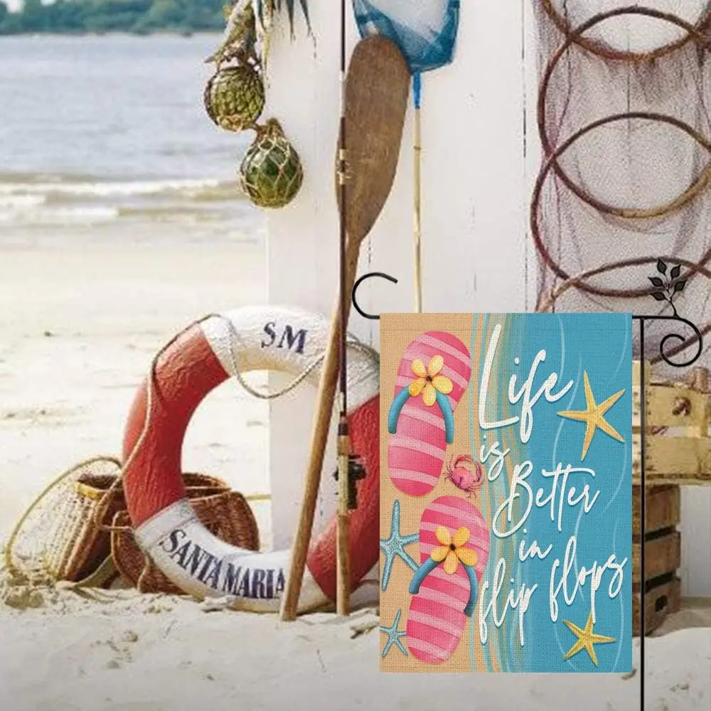 Summer Beach Pink Flip Flops Garden Flag 12.5x18 Inch Life is Better in Flip Flops Blue Ocean Sea Starfish Crab Double Sided jjp