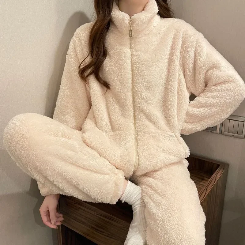 2024 New Zipper Style Pajamas Women Autumn Winter Coral Velvet Long Sleeves Sleepwear Thickened Plush Homewear Flannel Warm Set