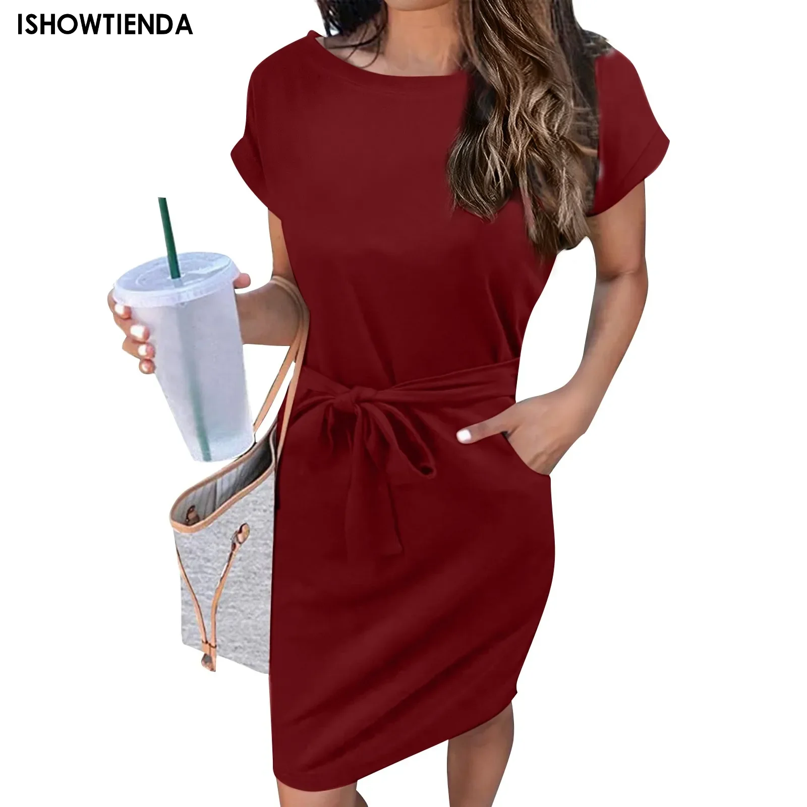 

Casual Solid Dress Women Tshirt Dress O Neck Short Sleeve Plus Size Dress Sashes Pocket Sundress Summer Loose Midi Dresses