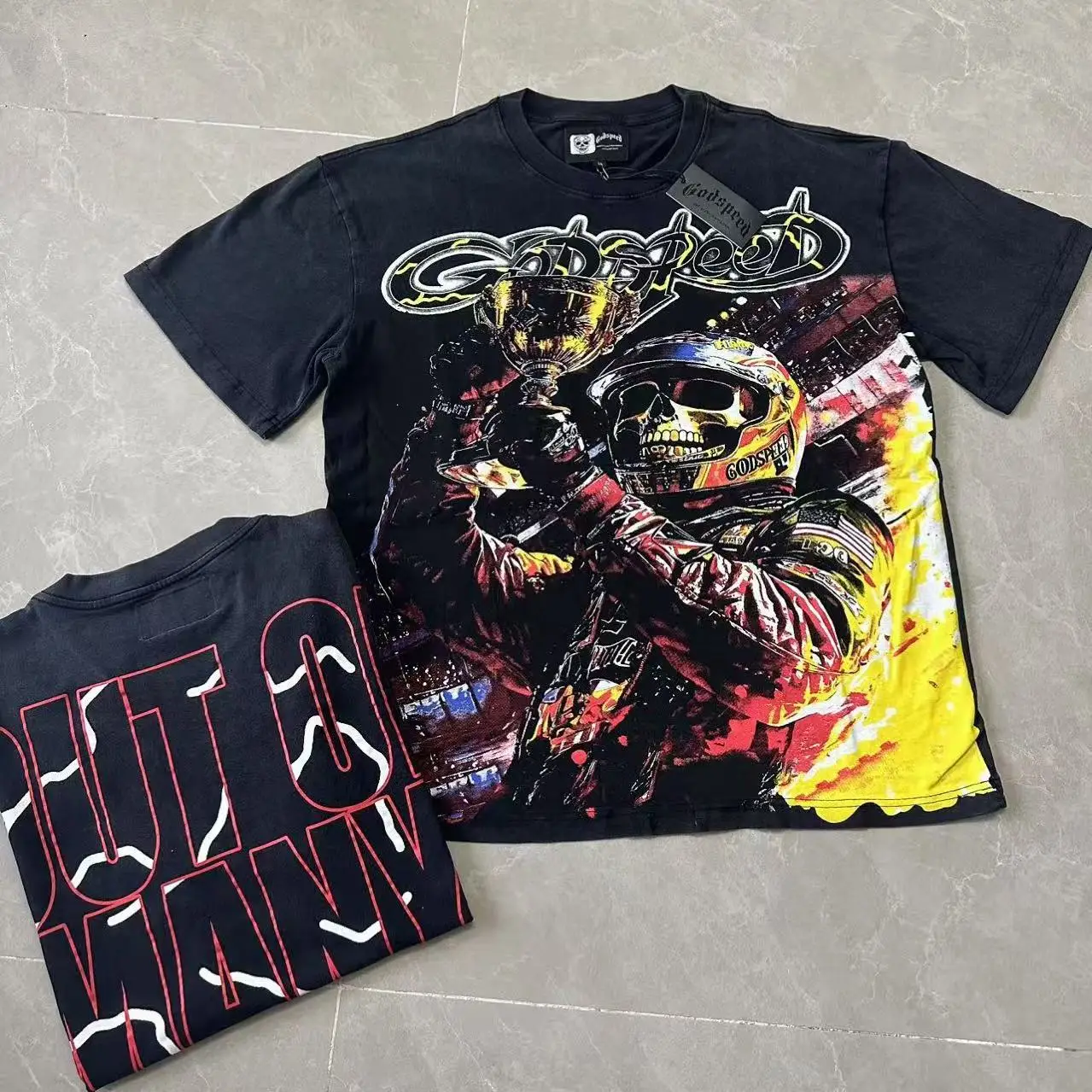 Godspeed Retro Racing  Skeleton Washed out Loose Heavyweight Pure Cotton Short Sleeve T-Shirt Street Style Citywalk C...