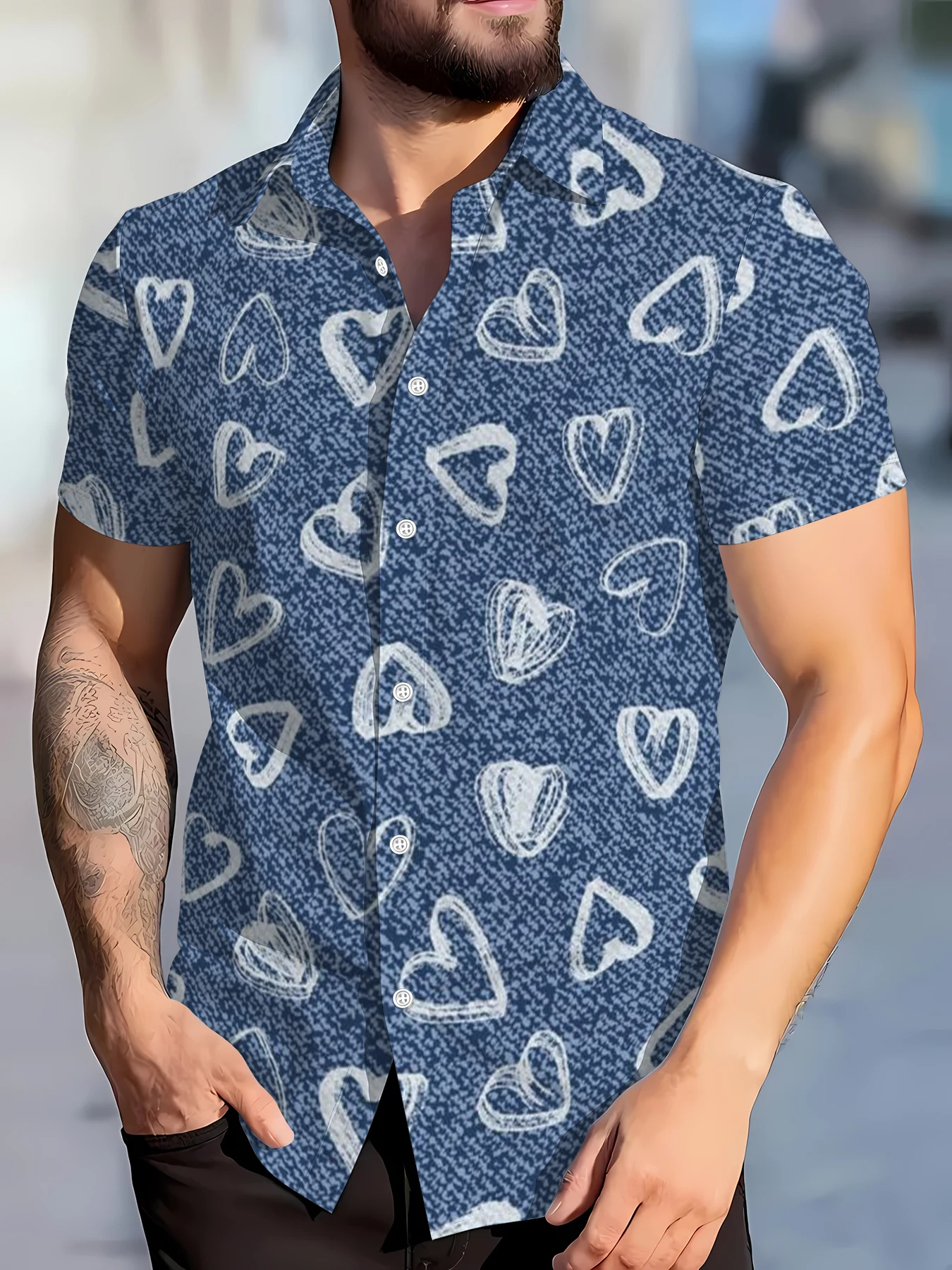 

2026 Summer New Style Men's Short-Sleeved Shirt with 3D Heart Pattern Print for Street Casual Fashion Comfortable and Soft