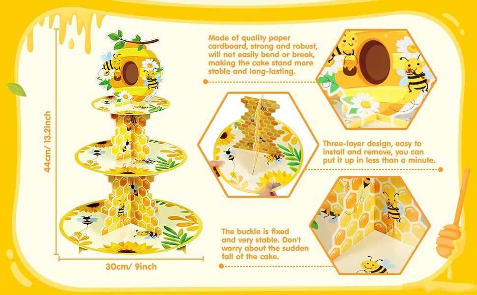 3-stöckiger Bienen-Themen Papier-Cupcake-Ständer Gelber Sonnenblumen-Dessert-Turm Robuster Party-Halter für Kindergeburtstag Babyparty-Dekoration – Detail 2